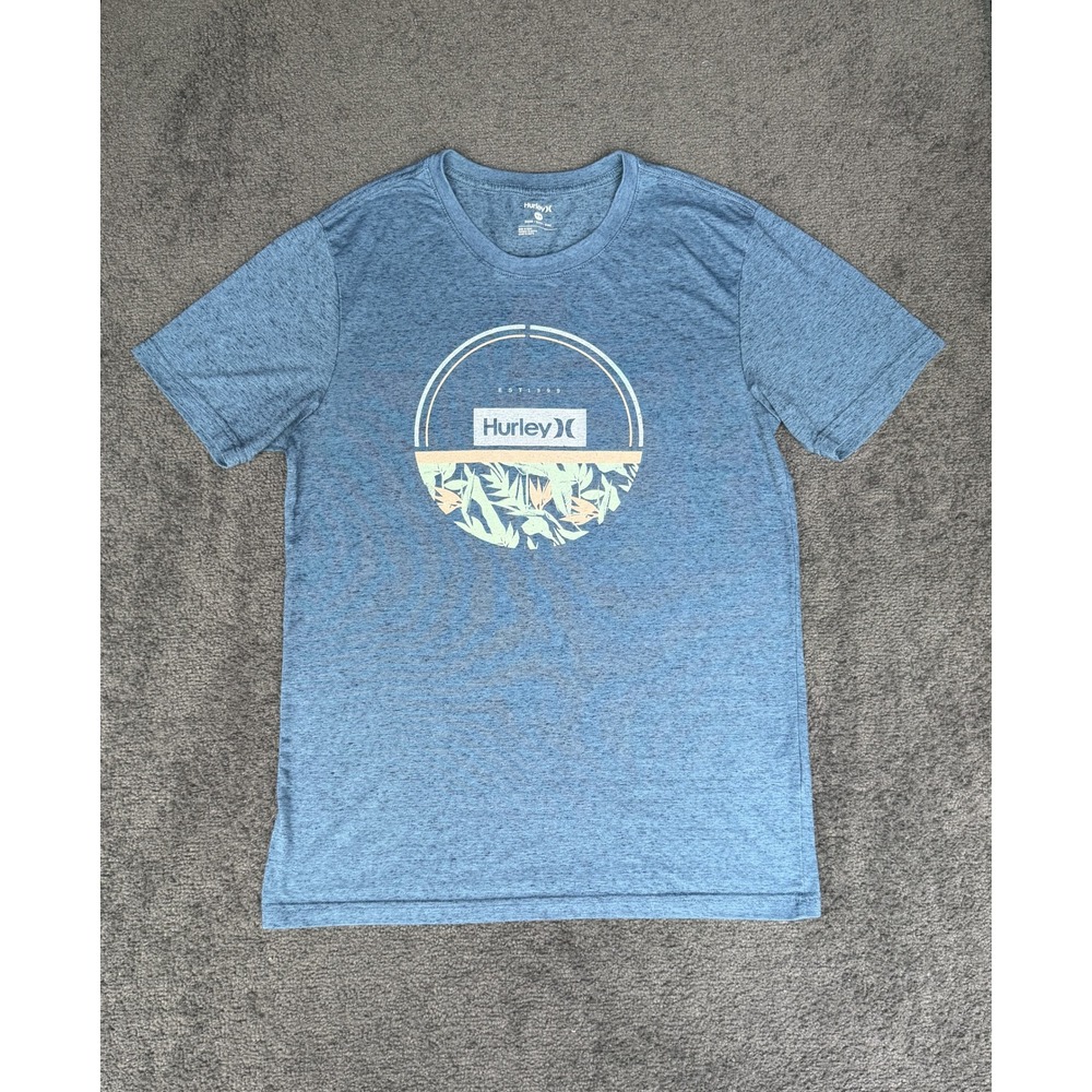 Hurley Mens Short Sleeve Graphic T-Shirt Heather Blue Tropical Logo Size M